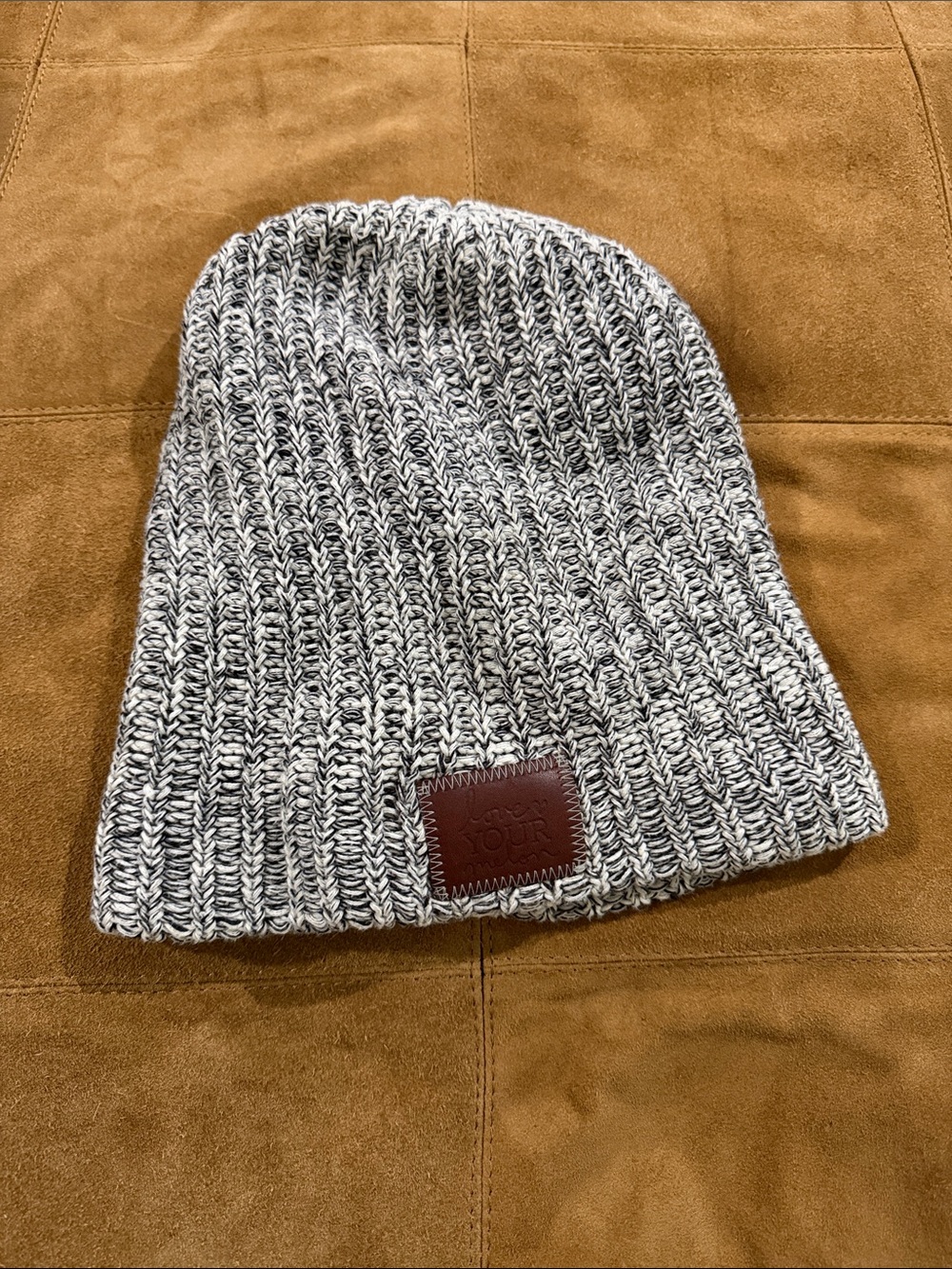 Love Your Melon Gray Marled Knit Beanie with Leather Patch